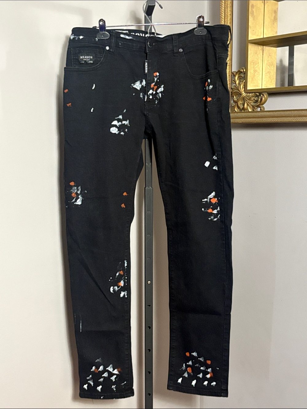 Reason Size 38 Black Denim Jeans With Paint Splatter